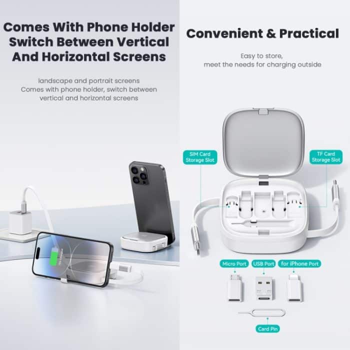 USAMS US-SJ650 U87 60W USB Typ-C auf Typ-C 8 Pin + Micro USB Multifunktionales Teleskop-Aufbewahrungsbox-Datenkabel, Länge: 1 m – Bild 4