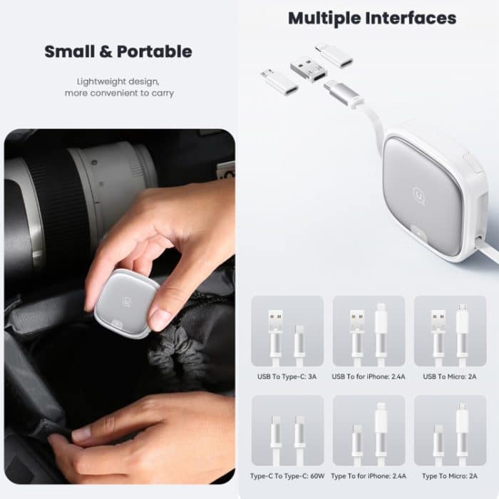 USAMS US-SJ650 U87 60W USB Typ-C auf Typ-C 8 Pin + Micro USB Multifunktionales Teleskop-Aufbewahrungsbox-Datenkabel, Länge: 1 m – Bild 5