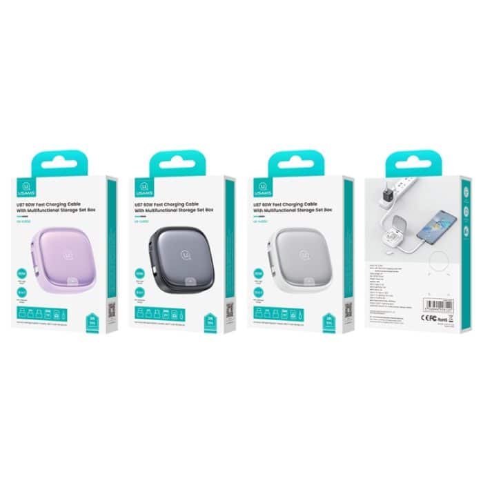 USAMS US-SJ650 U87 60W USB Typ-C auf Typ-C 8 Pin + Micro USB Multifunktionales Teleskop-Aufbewahrungsbox-Datenkabel, Länge: 1 m – Bild 7