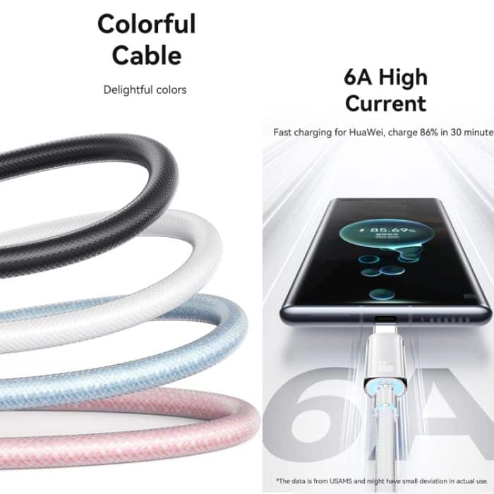 USAMS USB zu Typ-C 6A Aluminiumlegierung klares LED-Schnellladedatenkabel, Länge: 1,2 m – Bild 3