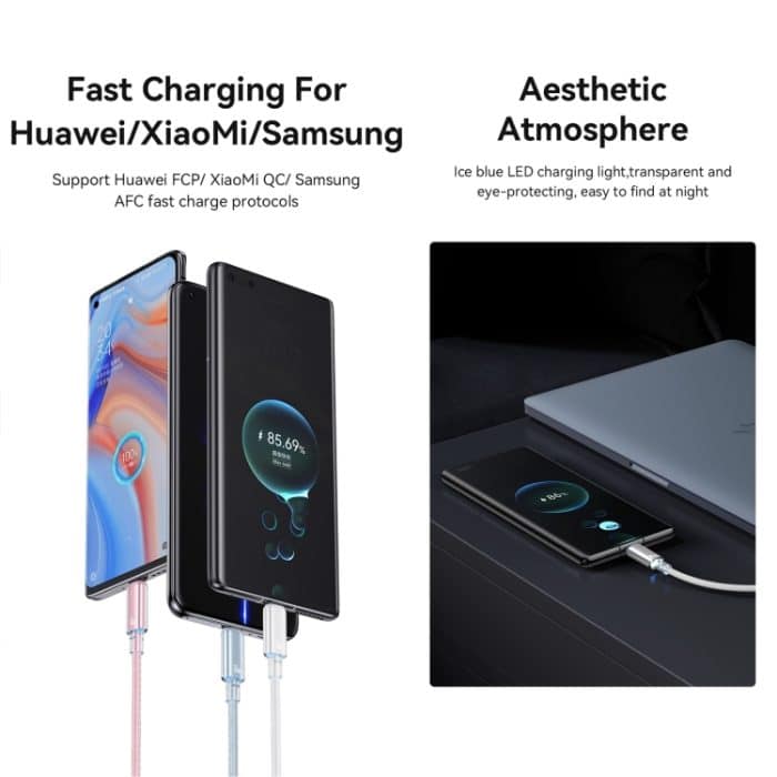 USAMS USB zu Typ-C 6A Aluminiumlegierung klares LED-Schnellladedatenkabel, Länge: 1,2 m – Bild 4
