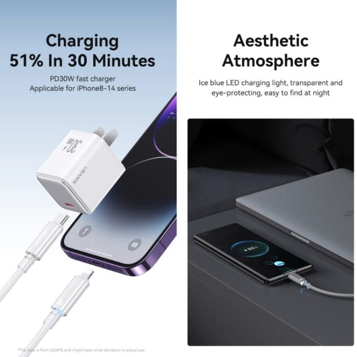 USAMS Typ-C auf 8-poliges, klares LED-30-W-PD-Schnellladedatenkabel aus Aluminiumlegierung, Länge: 1,2 m – Bild 5