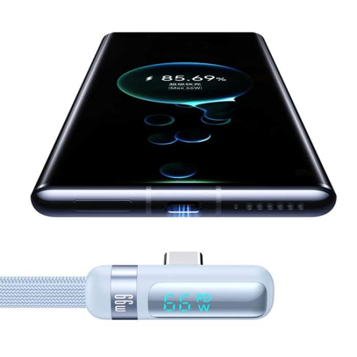 USAMS US-SJ651 6A USB auf USB-C/Typ-C Aluminiumlegierung Digitalanzeige Schnelllade-Winkeldatenkabel, Länge: 1,2 m – Bild 4