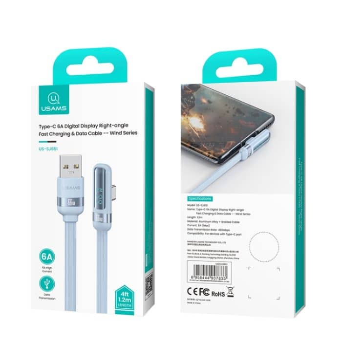 USAMS US-SJ651 6A USB auf USB-C/Typ-C Aluminiumlegierung Digitalanzeige Schnelllade-Winkeldatenkabel, Länge: 1,2 m – Bild 7