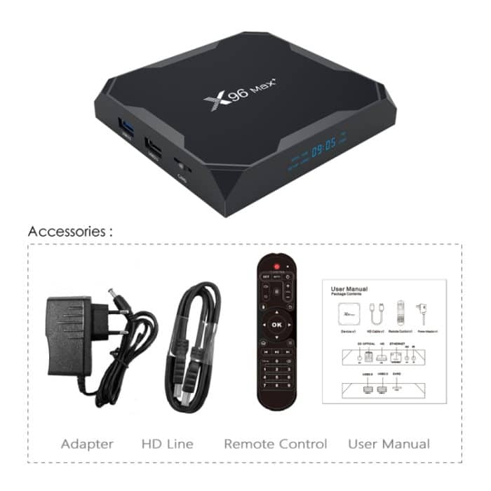 X96 max+ 4K Smart TV Box mit Fernbedienung, Android 9.0, Amlogic S905X3 Quad-Core Cortex-A55,2GB+16GB, unterstützt LAN, AV, 2,4G/5G WiFi, USBx2,TF-Karte,, EU Plug, US Plug, UK Plug, AU Plug – Bild 3