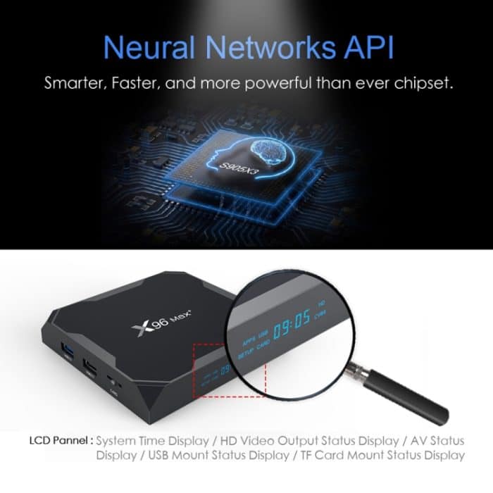 X96 max+ 4K Smart TV Box mit Fernbedienung, Android 9.0, Amlogic S905X3 Quad-Core Cortex-A55,2GB+16GB, unterstützt LAN, AV, 2,4G/5G WiFi, USBx2,TF-Karte,, EU Plug, US Plug, UK Plug, AU Plug – Bild 7