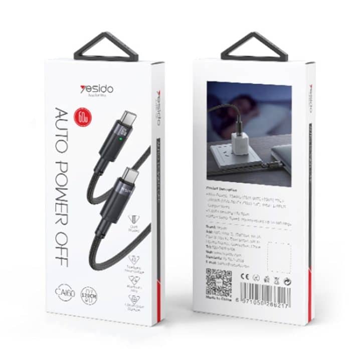 YESIDO CA160 1,2 m 60 W USB-C/Typ-C auf Typ-C Ladekabel mit automatischer Abschaltung – Bild 11