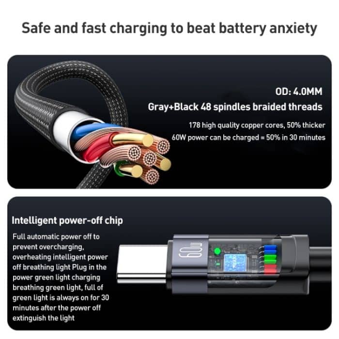 YESIDO CA160 1,2 m 60 W USB-C/Typ-C auf Typ-C Ladekabel mit automatischer Abschaltung – Bild 6