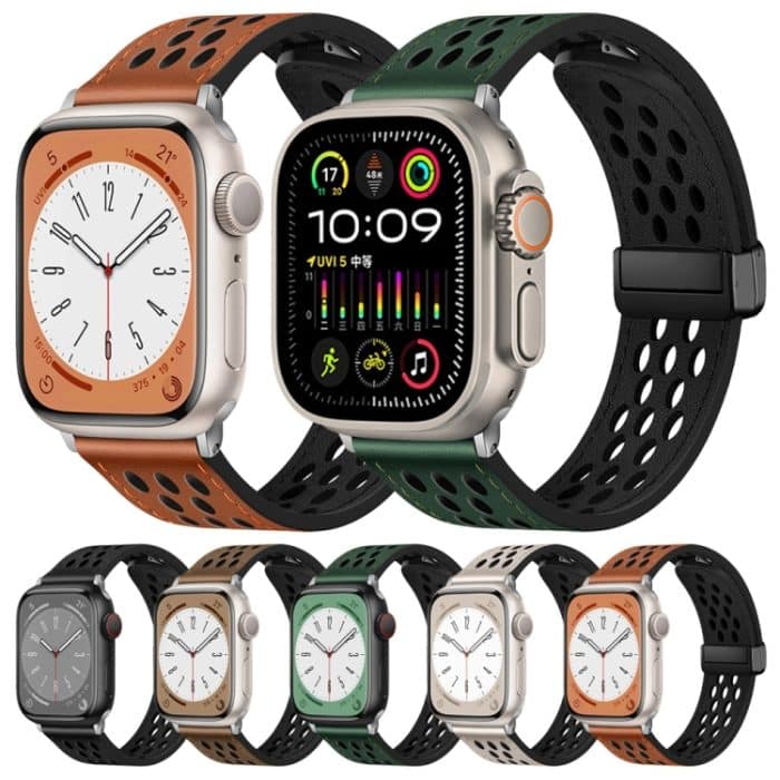 Uhrenarmband aus PU-Leder mit Faltschließe im Lochstil, For Apple Watch Series 10 46mm, For Apple Watch Series 10 42mm, For Apple Watch SE 2023 44mm, For Apple Watch SE 2023 40mm, For Apple Watch Ultra 2 49mm, For Apple Watch Series 9 45mm... – Bild 2