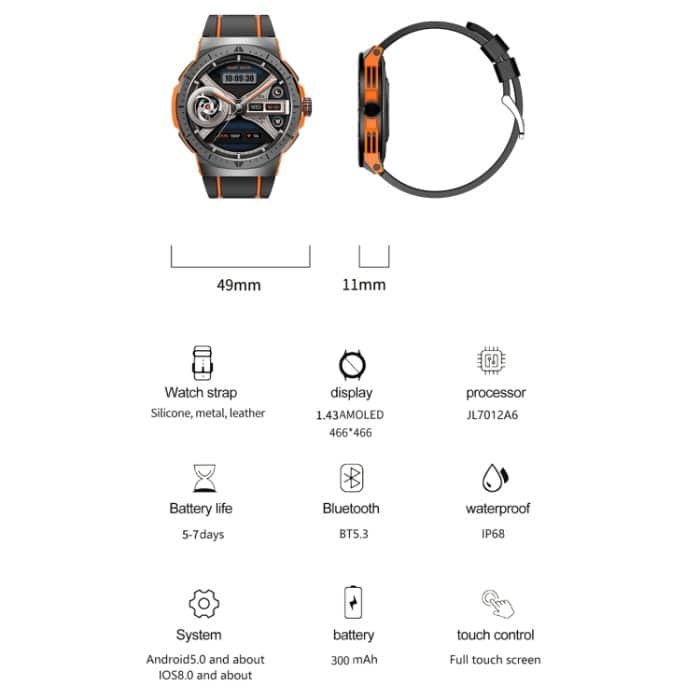LEMFO HK52 1,43 Zoll BT5.3 IP68 Sport-Smartwatch, unterstützt Bluetooth-Anruf-/Nachrichtenbenachrichtigung/Herzfrequenz-/Blutdruck-Gesundheitsmonitor – Bild 2