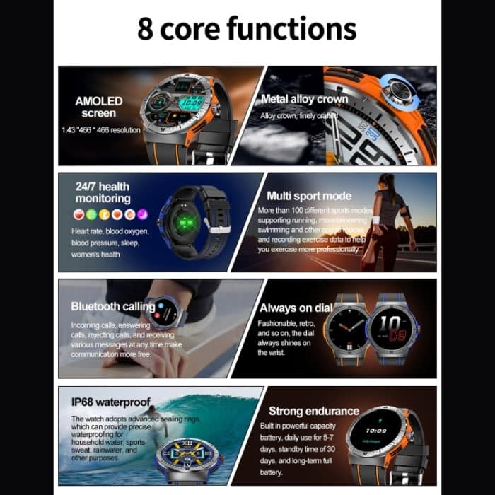 LEMFO HK52 1,43 Zoll BT5.3 IP68 Sport-Smartwatch, unterstützt Bluetooth-Anruf-/Nachrichtenbenachrichtigung/Herzfrequenz-/Blutdruck-Gesundheitsmonitor – Bild 4