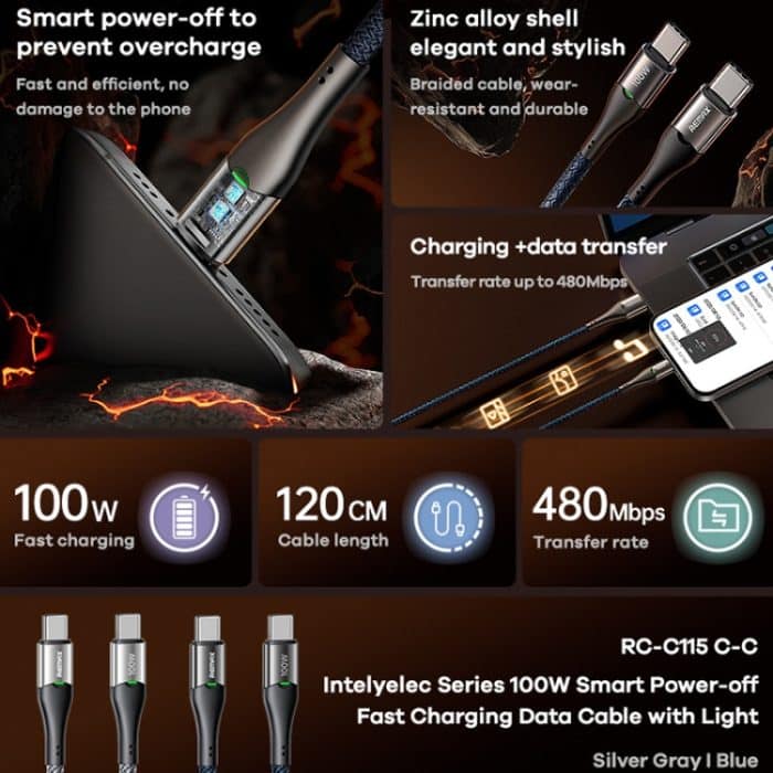 REMAX RC-C115 1,2 m 100 W Typ-C auf Typ-C Smart Power-Off Schnellladedatenkabel – Bild 2