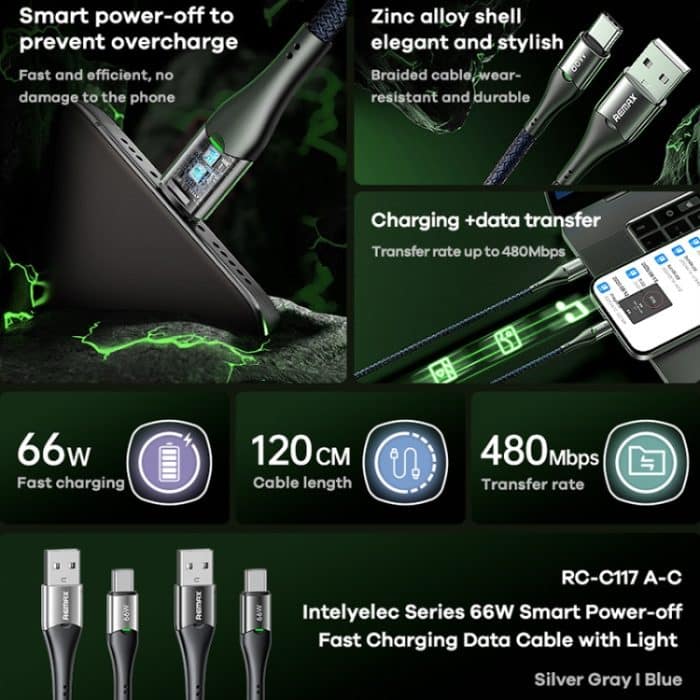 REMAX RC-C117 1,2 m 66 W USB auf Typ-C Smart Power-Off Schnellladedatenkabel – Bild 2