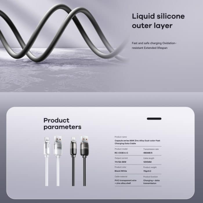 REMAX RC-C038 Capsule 1,2 m 66 W USB auf Typ-C PVC Schnellladekabel – Bild 4