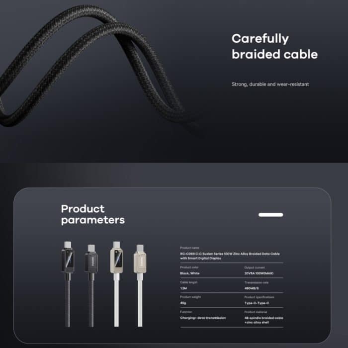 REMAX RC-C069 1,2 m 100 W Typ-C auf Typ-C Digitalanzeige geflochtenes Schnellladekabel – Bild 6