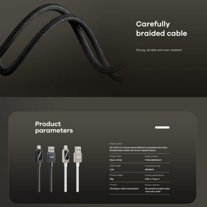 REMAX RC-C070 1,2 m 66 W USB auf Typ-C Digitalanzeige geflochtenes Schnellladekabel – Bild 5