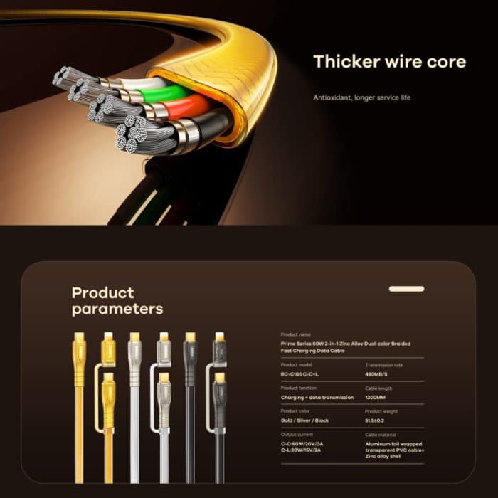 REMAX RC-C165 Prime 1,2 m 60 W Typ-C auf Typ-C + 8-poliges geflochtenes Schnellladekabel – Bild 6