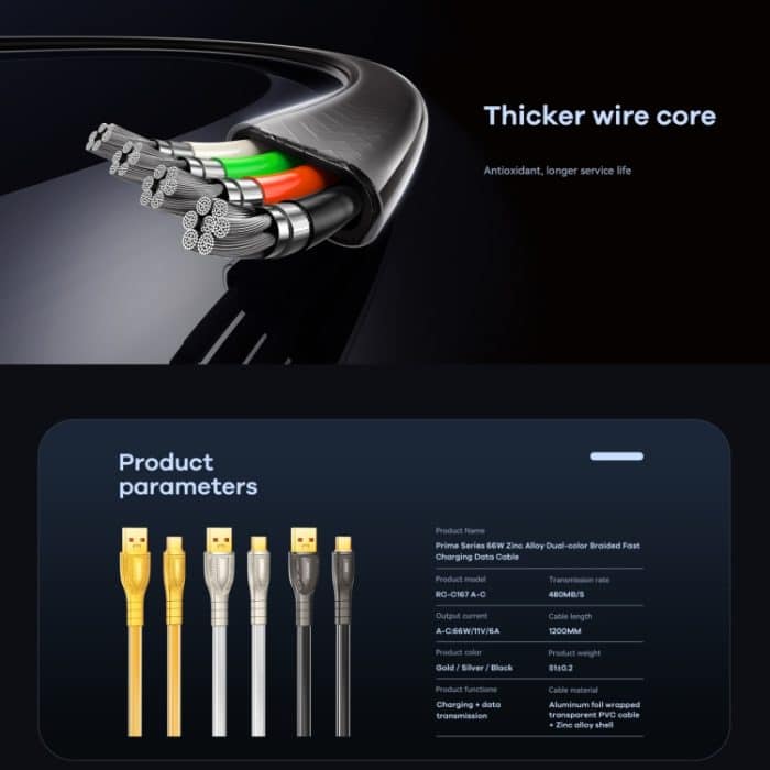 REMAX RC-C167 Prime 1,2 m 66 W USB auf Typ-C geflochtenes Schnellladekabel – Bild 6