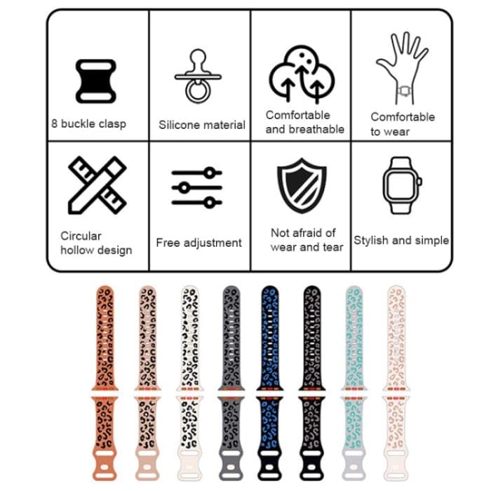 Konkaves Silikon-Uhrenarmband mit Leopardenmuster, For Apple Watch Series 8 41mm, For Apple Watch Series 8 45mm, For Apple Watch SE 2022 40mm, For Apple Watch SE 2022 44mm, For Apple Watch Series 7 41mm, For Apple Watch Series 7 45mm – Bild 4