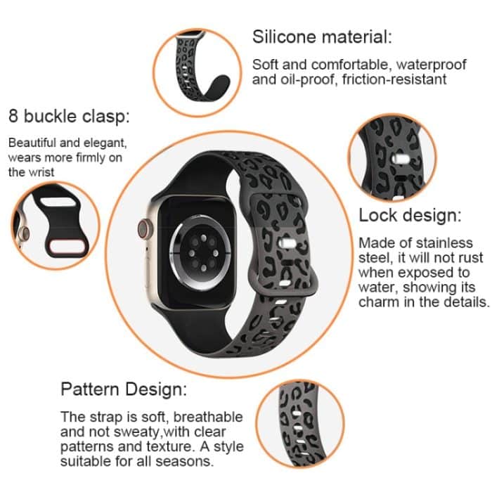 Konkaves Silikon-Uhrenarmband mit Leopardenmuster, For Apple Watch Series 8 41mm, For Apple Watch Series 8 45mm, For Apple Watch SE 2022 40mm, For Apple Watch SE 2022 44mm, For Apple Watch Series 7 41mm, For Apple Watch Series 7 45mm – Bild 5