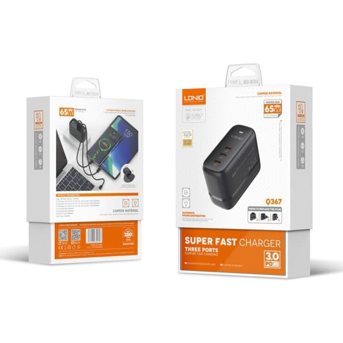 LDNIO Q367 65 W GaN 3 x USB-C / Typ-C-Schnittstellenladegerät mit USB-C / Typ-C auf USB-C / Typ-C-Datenkabel – Bild 12