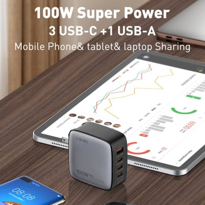 LDNIO Q408 100 W GaN USB+3 USB-C / Typ-C Schnittstellenladegerät mit 100 W USB-C / Typ-C auf USB-C / Typ-C Datenkabel – Bild 3