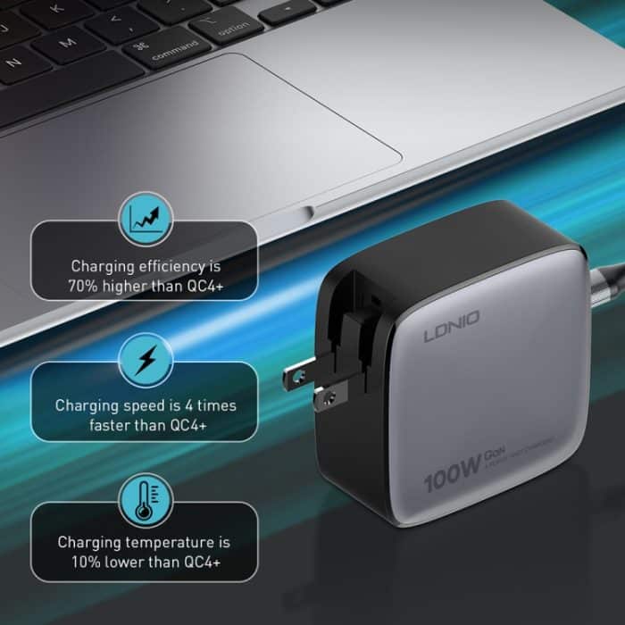 LDNIO Q408 100 W GaN USB+3 USB-C / Typ-C Schnittstellenladegerät mit 100 W USB-C / Typ-C auf USB-C / Typ-C Datenkabel – Bild 7