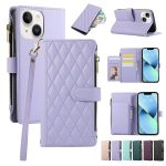 Rhombic Reißverschluss Brieftasche Leder Handyhülle, For iPhone 14 Plus, For iPhone 14, For iPhone 14 Pro, For iPhone 14 Pro Max