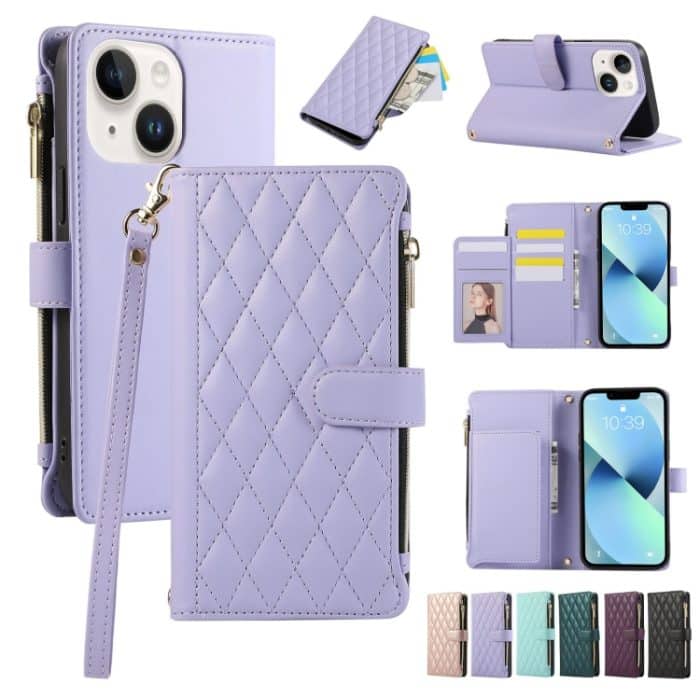 Rhombic Reißverschluss Brieftasche Leder Handyhülle, For iPhone 14 Plus, For iPhone 14, For iPhone 14 Pro, For iPhone 14 Pro Max – Bild 1