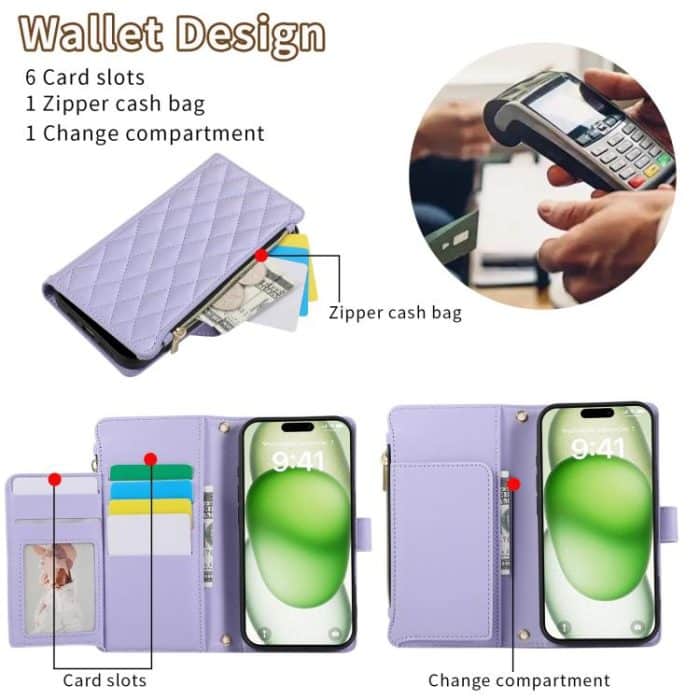 Rhombic Reißverschluss Brieftasche Leder Handyhülle, For iPhone 16 Pro Max, For iPhone 16 Pro, For iPhone 16 Plus, For iPhone 16 – Bild 4