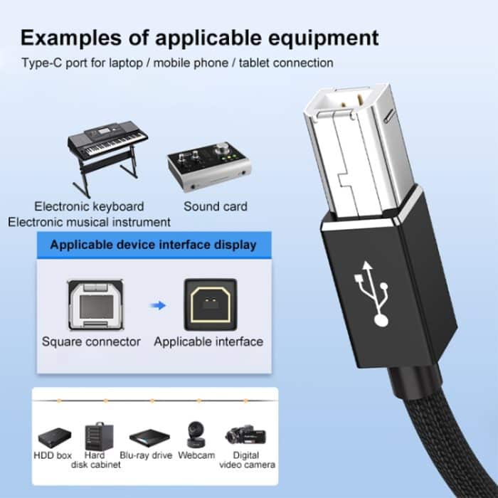 3-in-1-8-Pin-, Typ-C-, Micro-USB- auf USB-B-MIDI-Instrumenten-Druckerkabel, Länge: 1 m – Bild 3