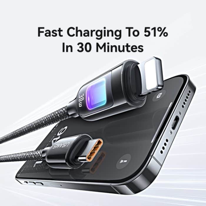 USAMS SJ749 30W Typ-C / USB-C auf 8-poliges Datenkabel aus Zinklegierung mit buntem Licht – Bild 5