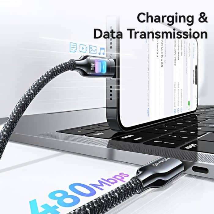 USAMS SJ749 30W Typ-C / USB-C auf 8-poliges Datenkabel aus Zinklegierung mit buntem Licht – Bild 7