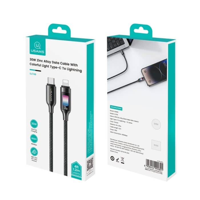USAMS SJ749 30W Typ-C / USB-C auf 8-poliges Datenkabel aus Zinklegierung mit buntem Licht – Bild 8