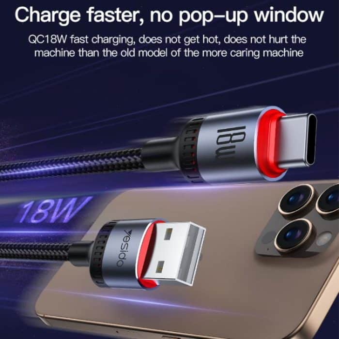 Yesido CA130C 18W 3A USB auf USB-C / Typ-C Ladedatenkabel, Länge: 2m – Bild 7