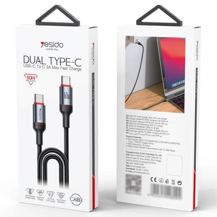 Yesido CA183 PD60W 3A USB-C / Typ-C auf USB-C / Typ-C Ladedatenkabel, Länge: 2m – Bild 12
