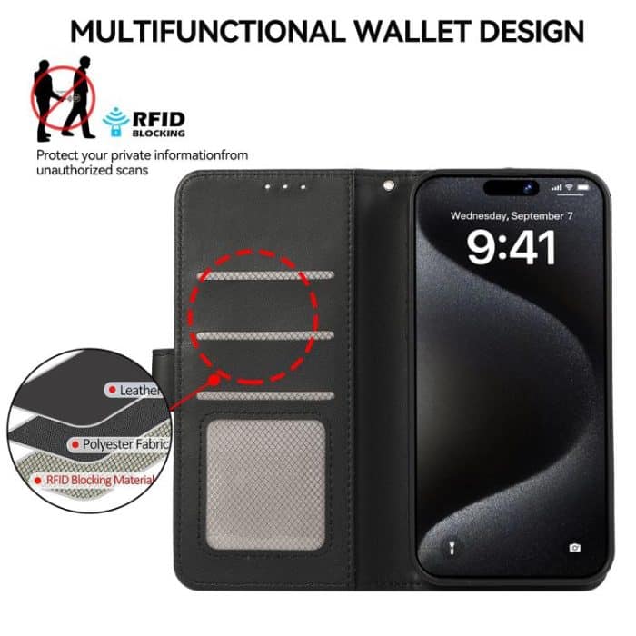 ABEEL Delicate Texture Splicing RFID Leather Phone Case, For iPhone 15 Pro Max, For iPhone 15 Pro, For iPhone 15 Plus, For iPhone 15 – Bild 4