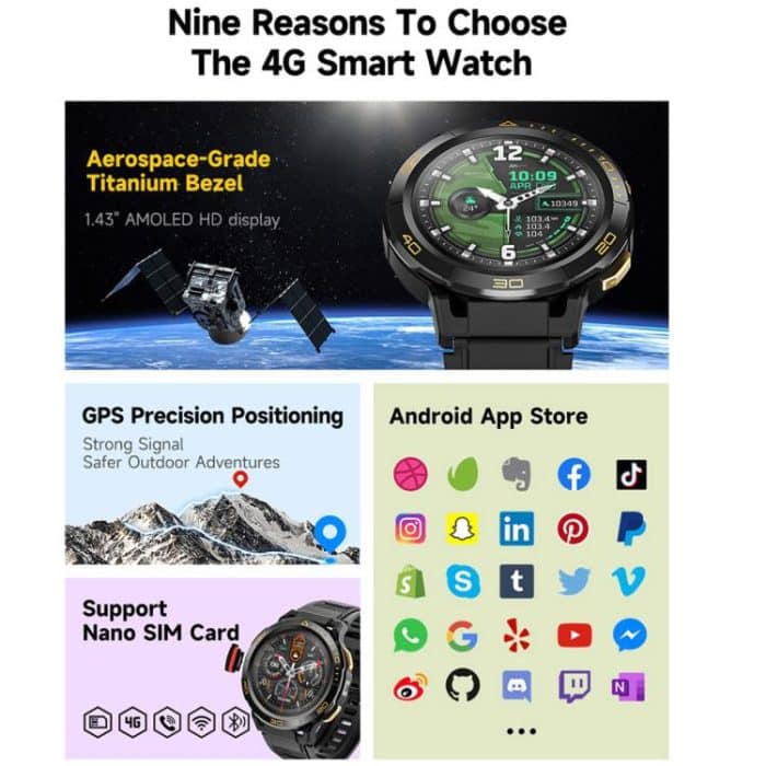 UNIWA DM300 4G Android Watch Phone, 1.43 inc Unisoc SL8541E Quad Core, Support Heart Rate / Blood Oxygen, 2GB+16GB, 4GB+64GB – Bild 4