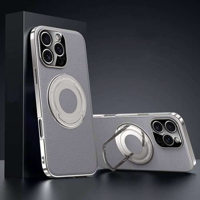 Plain Leather Hydric Metal Holder MagSafe Phone Case, For iPhone 16 Pro Max, For iPhone 16 Pro, For iPhone 16, For iPhone 15 Pro Max – Bild 1