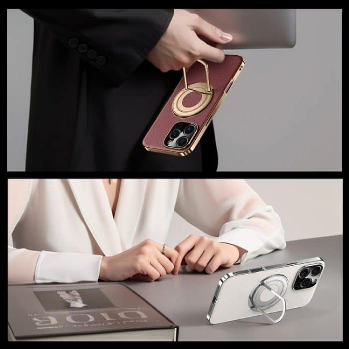 Plain Leather Hydric Metal Holder MagSafe Phone Case, For iPhone 16 Pro Max, For iPhone 16 Pro, For iPhone 16, For iPhone 15 Pro Max – Bild 9