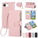 Round Buckle Zipper Wallet Leather Phone Case with Crossbody Strap, For iPhone 16e, For iPhone 16 Pro Max, For iPhone 16 Pro, For iPhone 16 Plus
