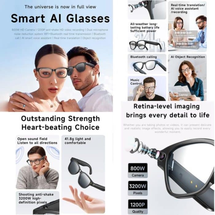 L801 Smart Glasses with 8MP HD Camera Video Recording WiFi Transmission Al Smart Voice Assistant Smart Wearable Headset – Bild 2