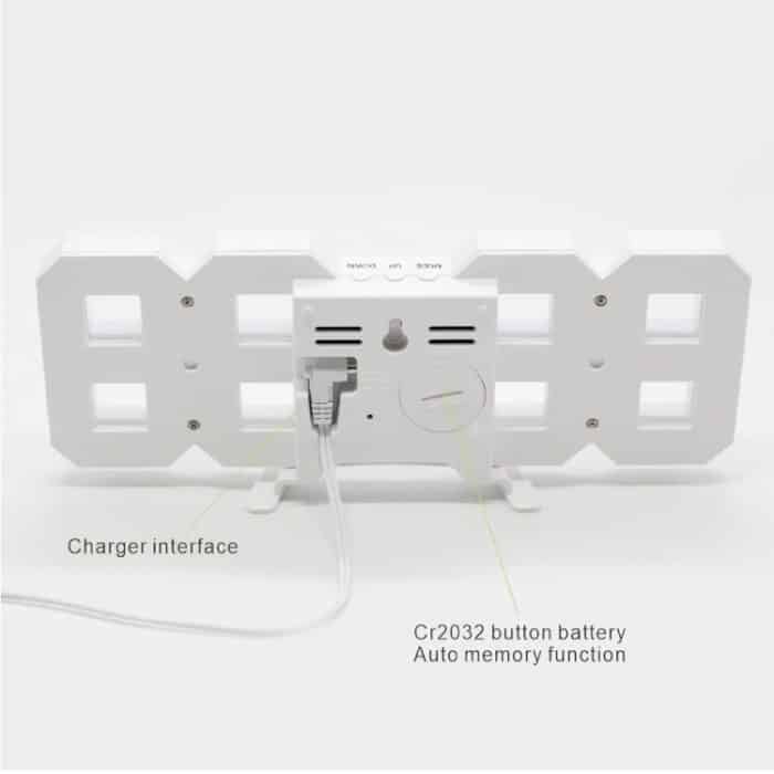 Multifunktionaler großer 3D-LED-Digital-Wandwecker mit Schlummerfunktion, 12/24-Stunden-Anzeige für Zuhause, Küche, Büro, DC 5 V, CE-zertifiziert, White Body Green Characters, White Body Blue Characters, White Body Red Characters... – Bild 6