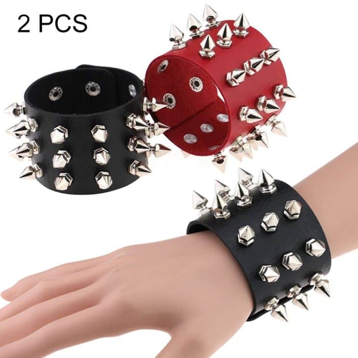 2 PCS europäische und amerikanische Punk-Mode Mode übertrieben konische Spitze 3 Reihen Nieten Lederarmband, zufällige Farblieferung – Bild 1