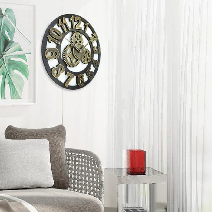 Retro Wooden Round Single-sided Gear Clock Arabic Number Wall Clock, Diameter: 35cm, Number 35cm – Bild 5