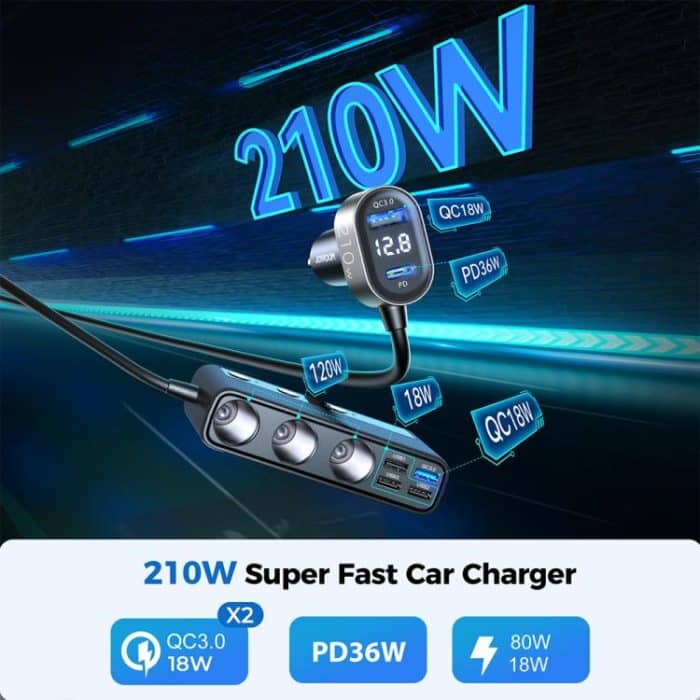 JOYROOM JR-CL06 9 in 1 154W PD USB-C / Typ-C + Dual QC3.0 USB + 3 USB + 3 Zigarettenanzünderlöcher Digitalanzeige Autoladegerät, JR-CL06 – Bild 4