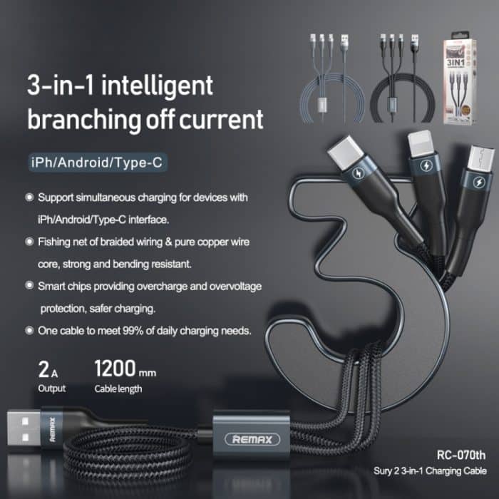 REMAX RC-070TH 1,2 m 2 A 3-in-1-USB-auf-8-Pin- und USB-C-/Typ-C- und Micro-USB-Ladekabel – Bild 3