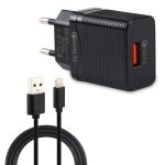 LZ-728 2-in-1 18 W QC 3.0 USB-Schnittstelle Reiseladegerät + USB-auf-8-Pin-Datenkabel-Set, EU-Stecker, Kabellänge: 1 m