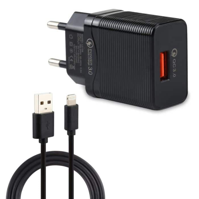 LZ-728 2-in-1 18 W QC 3.0 USB-Schnittstelle Reiseladegerät + USB-auf-8-Pin-Datenkabel-Set, EU-Stecker, Kabellänge: 1 m – Bild 1