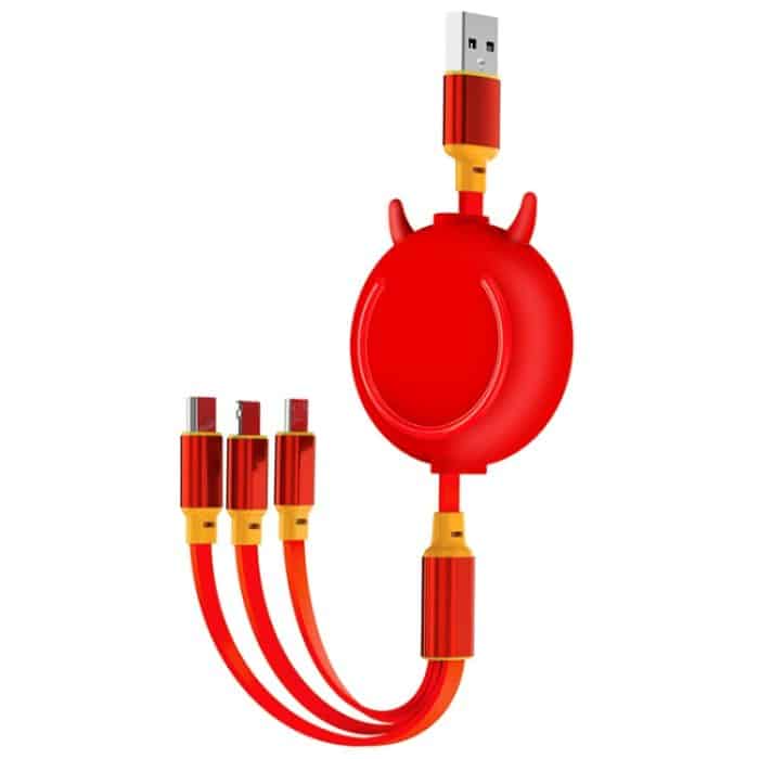 KO42 1.2M 3A 3 in 1 USB bis 8 PIN + USB-C / Typ-C + Micro USB Bull Head Retractable Datenkabel – Bild 1